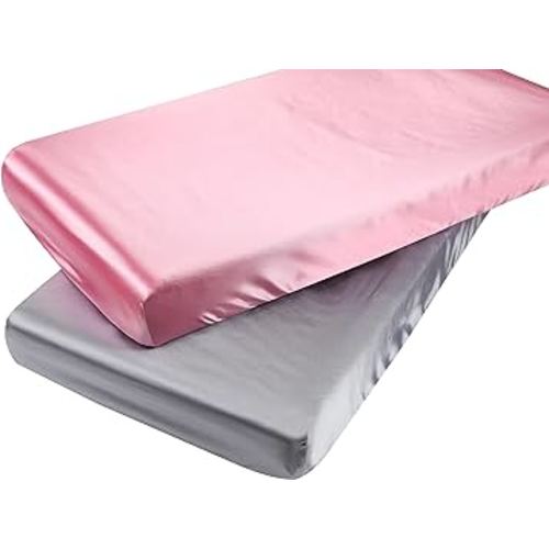Satin Fitted Crib Sheet Set 2 Pack Ultra Soft Silk 28x52 for Standard Crib and Toddler Mattress Protect for Baby Hair and Skin, Grey & Pink