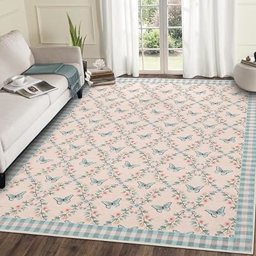 8x10 Living Room Rugs Washable Rugs Modern Floral Print Geometric Area Rug Butterfly Throw Carpet Stain Resistant Carpet Non-Slip Backing Ultra-Thin Floor Cover for Bedroom Playroom,Blue/Pink