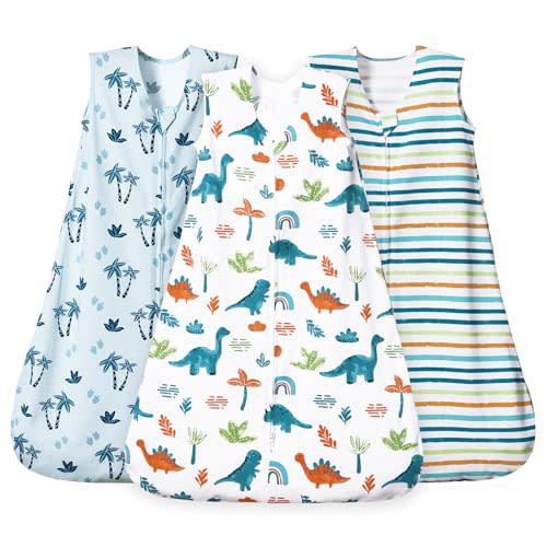 david's kids 3 Pack 100% Cotton Baby Sleep Sack 6-12 Months, Ultra Soft Baby Wearable Blankets with 2-Way Zipper, Comfy Sleeping Bags for Infant Newborn Boys Girls Neutral, Medium Size, Dinosaur