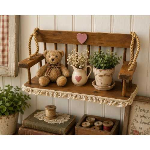Vintage Rustic Wooden Hanging Shelf Swing Rope Wall Shelf with Lace Trim Primitive Farmhouse Decor