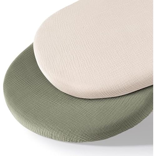Muslin Bassinet Sheets for Babies – Soft & Breathable 100% Cotton Fitted Sheets for Oval, Rectangle, Hourglass Bassinet Mattress Pads, 2-Pack (Ivory & Pink)