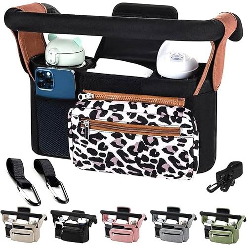 Baby Stroller Organizer, Universal Stroller Organizer with Detachable Phone Bag, Stroller Caddy with 2 Insulated Cup Holders, Buggy Organizer Bag with 2 Hooks Fits Most Strollers (Leopard)