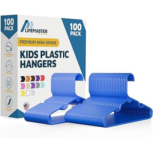 Plastic Kids Clothes Hangers – Children Clothes Hanger with Shoulder Notch, 11.6 Inch Space-Saving Closet Organizer for Baby, Toddler, and Kids Clothing, Hold Up To 5 lbs, Pack of 100, Blue