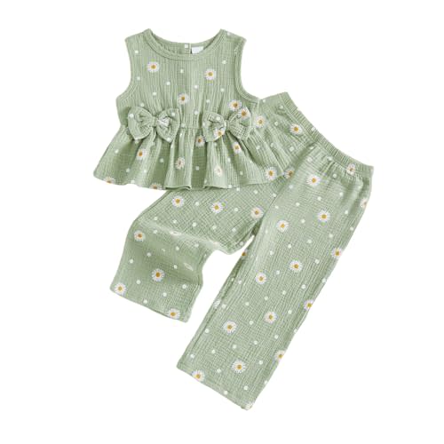 Infant Baby Toddler Girl Clothes Daisy Linen Outfits Bows Shirts Long Pants | 6 12 18 24 Months 3T 4T Girls Clothing Baby Clothes for Girls Fall, Baby Halloween Outfit
