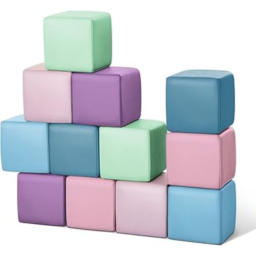 Foam Building Blocks for Toddlers:12-Pieces Wipeable Leather Stacking Cubes Kids - Large Soft Toys Play Set for Learning Construction Baby Preschool Daycare Therapy Birthday Gift (Purple Pink)