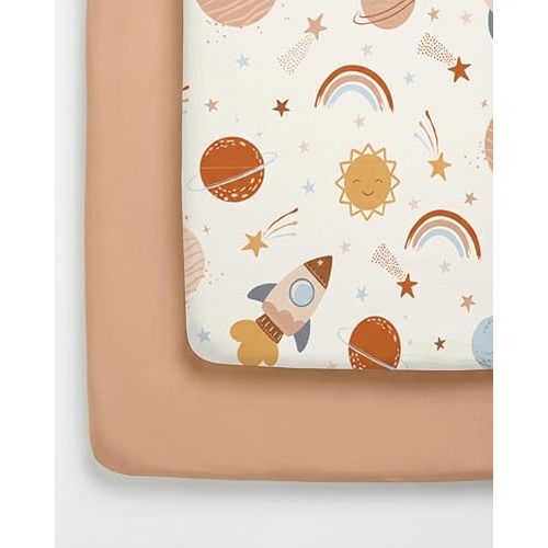 Pack and Play Sheets Fitted - 2 Pack Mini Crib Sheets for Pack N Play Mattress - Unisex Playard Microfiber Bedding for Boys & Girls - Soft, Breathable & Wrinkle Free - Oeko-Tex, 38 x 26in - Space Boy