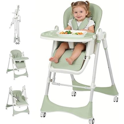 3-in-1 Baby High Chair with Soothing Rocker | Convertible Baby High Chair for babies and Toddlers | Brake Wheels, Easy Clean, Space Saving | Adjustable, Removable Tray (Green)