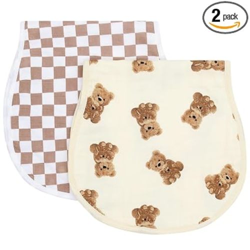 LifeTree Muslin Baby Burp Cloths - 2 Pack 70% Viscose from Bamboo and 30% Cotton Large 22'' by 10.6'' Absorbent Milk Spit Up Rags - Burping Cloths for Newborn, Girls Boys, Bear and Checkered