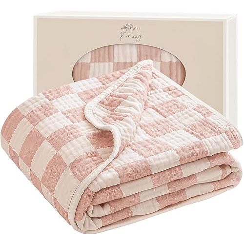 Konssy Muslin Baby Blanket 43''x43'', Soft Cotton Breathable Receiving Blanket for Infant Toddler, Lightweight Crib Nursery & Stroller Blanket for Baby Girls and Boys (Pink)