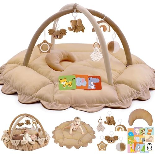 5-in-1 Plush Baby Play Gym, Activity Mat with Convertible Gym and Pillow, 6 Sensory Toys, Play Center from Newborn to Toddler, Brown