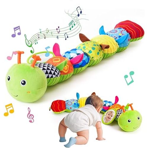 Baby Toys 0-6 Months, Musical Caterpillar Baby Rattle, Plush Sensory Toy with Mirror, Crinkle Textures, Newborn Developmental Tummy Time Stuffed Animal for Infants Boys Girls 6-12 Month (Green)