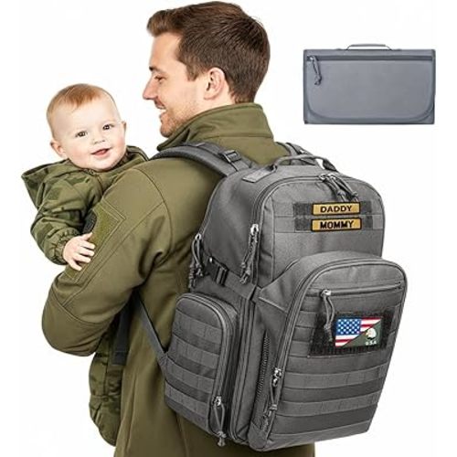 MIRACOL Dad Diaper Bag Military - Tactical Baby Backpack with Changing Pad for Outdoor Baby Care - Water-Resistant Fabric & MOLLE System Ideal for Travel Hiking Parks Grey