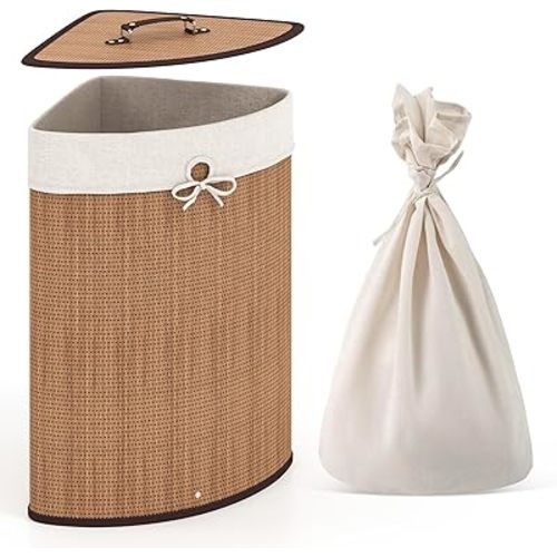 Giantex Corner Laundry Hamper with Lid, 58 L Bamboo Laundry Basket with Removable Liner & Handle, Triangle Clothes Hamper for Small Spaces, Bedroom, Bathroom, Laundry & Living Room (Bamboo)