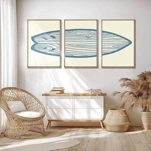 AntExpanse Surfboard Wall Decor 3 Pieces, Gallery-Style Canvas Art Prints with Outer Frame, Sea and Surf Pictures for Beach House, Living Room, Bedroom Décor with Decorative Frame (10x16inchx3)