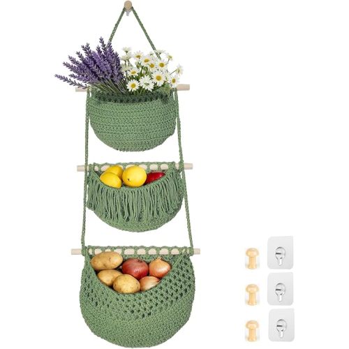 Halidali 3 Tier Hanging Fruit Baskets for Kitchen, Boho Cotton Rope Handwoven Vegetable Hammock Produce Storage Wall Mounted Large Organizing Basket for Farmhouse Decor, Onion, Potato (Green)