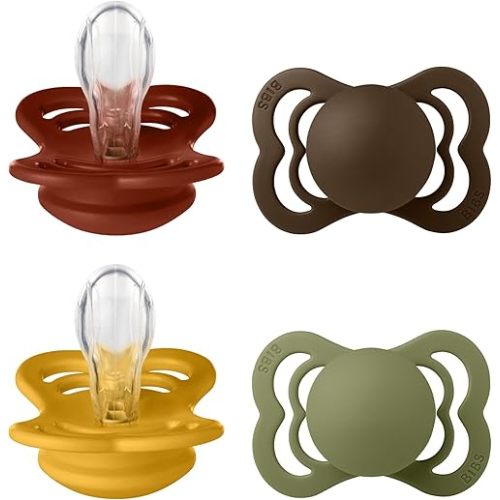 BIBS Supreme Pacifier 4-Pack, BPA Free Dummy Pacifier, Symmetrical Nipple. Silicone, Made in Denmark, Size 1 (0-6 Months), Mocha Mix