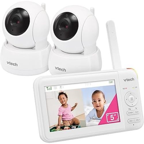 VTech 2 Cameras Video Baby Monitor with 5" LCD Screen,Up to 17Hrs Video & 31Hrs Audio, Night Vision, Pan-Tilt-Zoom, Lullabies, Soothing Sounds, Temperature Sensor,Split Screen, No WiFi: 924-2W
