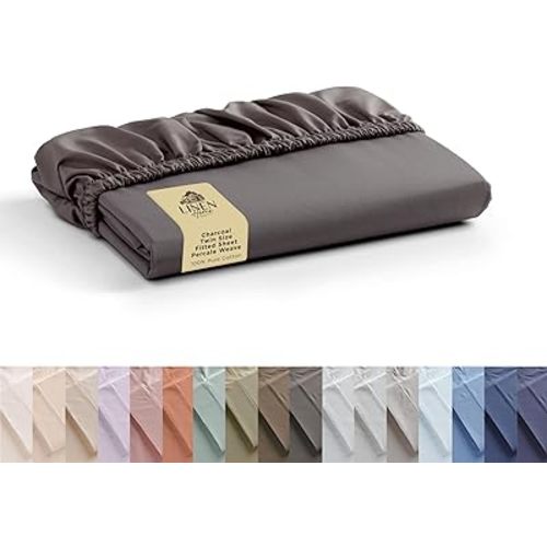 Linen Home 100% Cotton Percale Weave Fitted Sheet, Twin Size, Charcoal, 1 Deep Pocket Fitted Sheet, Fits Mattress Upto 16" Crisp and Cool Strong Bed Linen, 39"X75"+15"