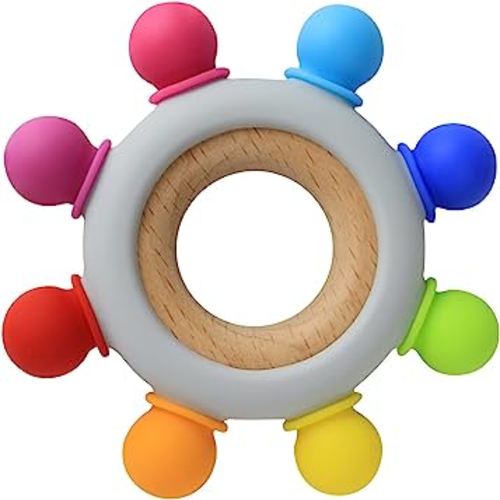 Baby Teething Toys Silicone Teethers BPA Free Silicone Rudder with Wooden Ring Soothe Babies Gums (8 Directions - Rainbow)