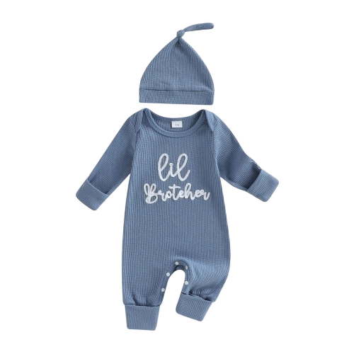 Zaveiop Newborn Baby Boy Little Brother Outfit Rib Knit Romper Letter Embroidered Long Sleeve Infant Spring Fall Winter Clothes Bodysuits Jumpsuits with Hat (3-6 Months, Blue)
