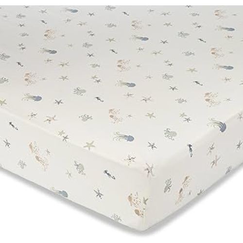 Crane Baby 100% Cotton Under The Sea Fitted Crib Sheet with Jellyfish Design, Neutral Crib Sheets, Fitted Toddler Sheet, 28" x 52" Standard Size Sea Life Crib Sheet