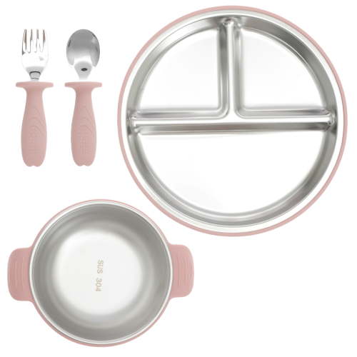 4 Pcs Baby Feeding Set Includes Plate Bowl Fork and Spoon Dishwasher Safe Baby Weaning Set to Develop Self Feeding Skills