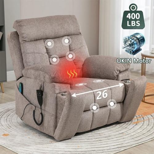 Brown5 Enhanced Flagship Oversized Dual OKIN Motor Chenille Recliner LiftSofa with Massage Heating and Assisted Standing