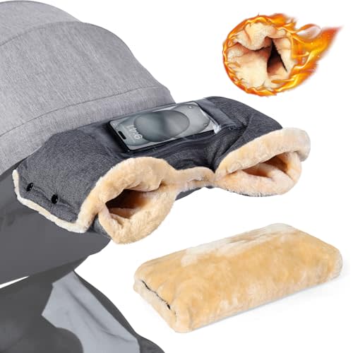 Orzbow Faux Sheepskin Stroller Gloves with Phone Pockets, Winter Extra Thick Mittens for Baby Stroller, Cozy & Warm, Anti-freeze Hand Muff Easily Attaches to Stroller for Parents Caregivers, Dark Gray