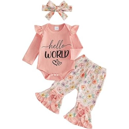 Newborn Baby Girl Outfit Hello World Romper Floral Flare Pants Set