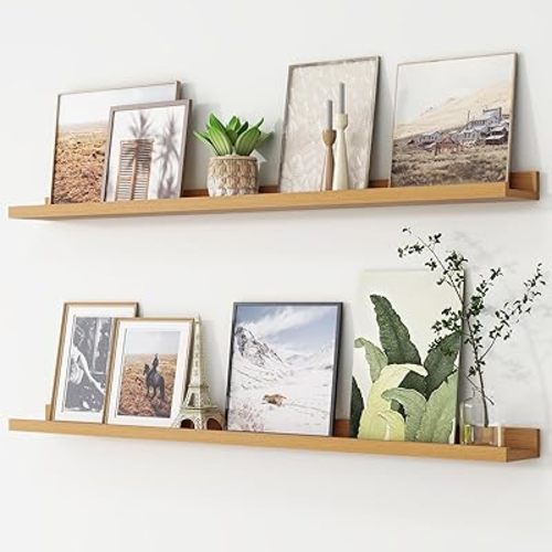 Picture Ledge Shelf, Floating Shelves Set of 2, 48 Inches Long Large Nursery Book Shelves for Toys Storage, Kids Bookshelf Wall Mounted for Living Room Bedroom Decor Books Photo Frames, Natural Oak