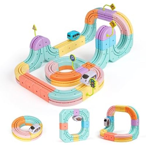 Hot Bee Juego de tren eléctrico para niños, juego de vías de tren 3D que desafía la gravedad con 93 pistas flexibles a presión, auto motorizado recargable por USB, juguete de construcción STEM