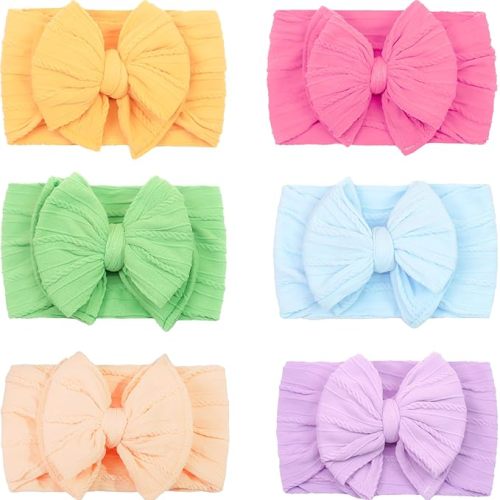 CÉLLOT 6 Pcs Super Stretchy Soft Handmade Headbands with Double Bows Head Wrap Nylon Hair Accessories For Newborn Baby Girls Infant Toddlers Kids(Green)