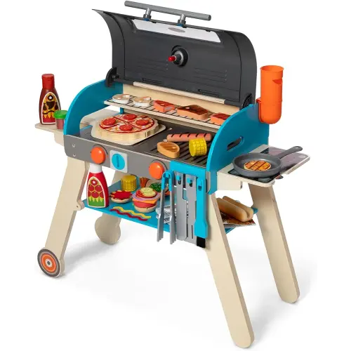 Melissa & Doug Wooden Deluxe Barbecue Grill, Smoker and Pizza Oven Play Food Toy for Pretend Play Cooking for Kids - FSC Certified