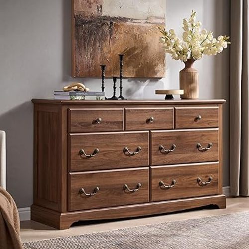 T4TREAM 54" Wide 7 Drawers Dresser Chests, Vintage Chests of Drawers, Wood Rustic Storage Dressers Organizer for Bedroom, Living Room, Hallway, Light Walnut
