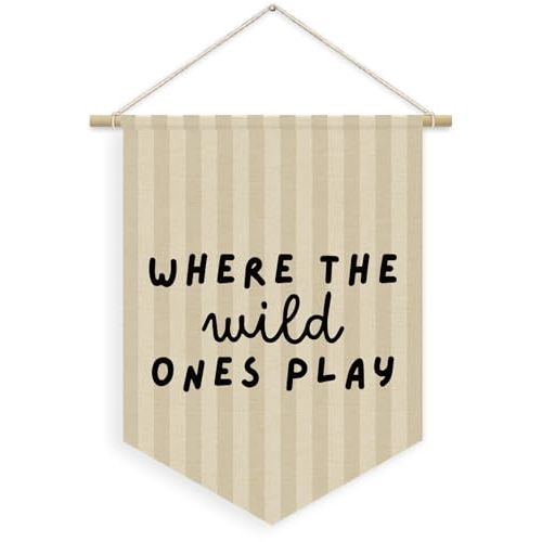 XYDEG Kids Room Decor, Where the Wild Ones Play Linen Canvas Banner, Neutral Striped PlayRoom Wall Hanging Pennant Flag Banner for Kids Nursery Toddler Room Bedroom Playroom Decor, 15x11in