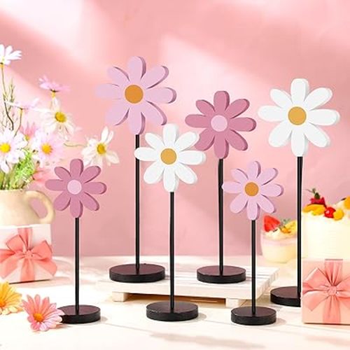 6 Pack Summer Daisy Table Decor Wooden Daisy Centerpieces Boho Floral Table Decor Flower Tabletop Decorations for Home Farmhouse Kitchen Dining Living Room Office Desk(Pink Series)