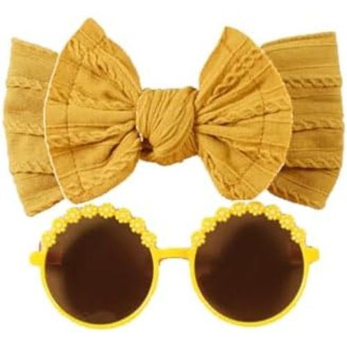 Baby Girls Soft Bows Headband and Daisy Flower Sunglasses Set Hair Bow Headwrap Hair Accessories for Toddler Infant