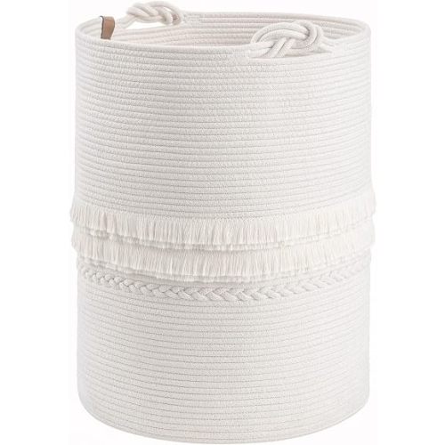70L Woven Rope Laundry Basket with Tassel, 16" x 22", White