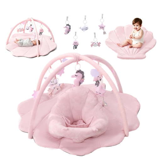 Baby Gym Playmat with Seat Cushion, Tummy Time Mat, 6 Detachable Toys for Infant Newborn Toddler 0-18 Months,Pink