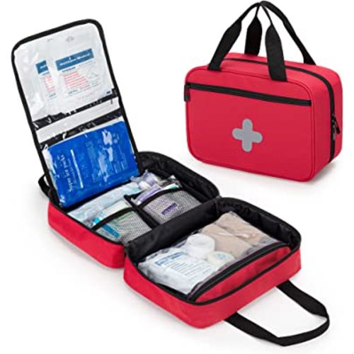 CURMIO Small First Aid Bag, Empty Emergency Trauma Kit Organizer bag for Hiking, Camping, Car, Travel, Home and Outdoor, Red, BAG ONLY, Patent Pending