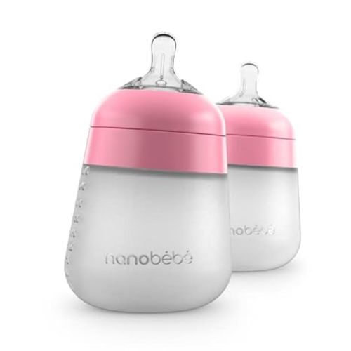 Nanobebe Flexy Silicone Baby Bottles – Anti-Colic, Natural Feel, Non-Collapsing Nipple, Non-Tip Stable Base, Easy to Clean, 2-Pack, 9oz in Pink