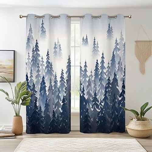 Renaiss Gray Blue Forest Blackout Curtains, Pine Mountain Forest Curtains for Bedroom Room Darkening Woodland Nature Window Curtain Panels for Living Room 29Wx55L inch 2 Panels Set