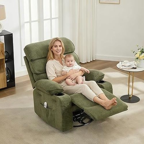 Rocking Recliner Chair,360° Swivel Rocker Chair for Living Room,Upholstered Linen Glider Nursery Chair with Side Pockets for Small Spaces,Lazy Boy Recliner Single Sofa