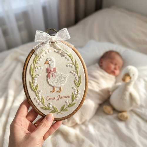 Personalized Goose Embroidery Hoop - Custom Baby Name Nursery Decor, Baby Announcement Sign
