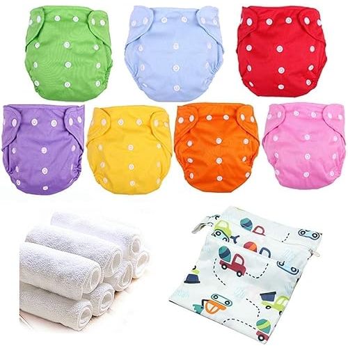 Baby Cloth Diapers Washable Reusable Diapers for Baby Girls and Boys, One Size Adjustable 7 Pack with 7 Inserts and 1 Storage Bag