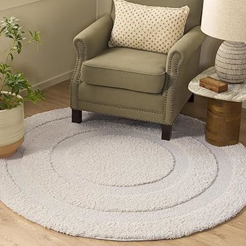 SAFAVIEH Florida Shag Collection Area Rug - 5' Round, Creme & Creme, Border Design, Non-Shedding & Easy Care, 1.2-inch Thick Ideal for High Traffic Areas in Living Room, Bedroom (SG454-1111)