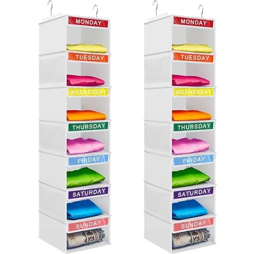Amylove 2 Pcs 7 Shelf Weekly Clothes Organizer for Kids Hanging Closet Organizer 11. 8 x 11. 8 x 50 Inches Daily Activity Kids Clothes Storage Drawers Cube Drawers Closet Hanging Shelves(White)