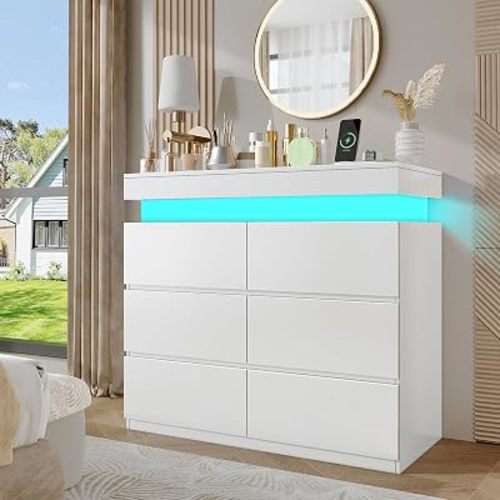 DreamDashio 6 Drawer Dresser with Led Lights, 39" Wide White Wooden Dresser for Bedroom, Modern Chest of Drawers with Power Outlet & Flip Top Storage for Closet, Living Room, Entryway, Hallway