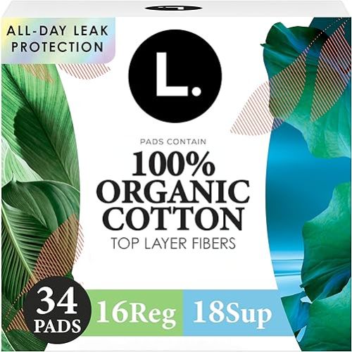 L. Ultra Thin Pads for Women, Organic Cotton Top Layer, Regular + Super Duo Pack Absorbency, Menstrual Pads with Wings, Made Without Synthetic Pesticides and Fragrances, 34 Count