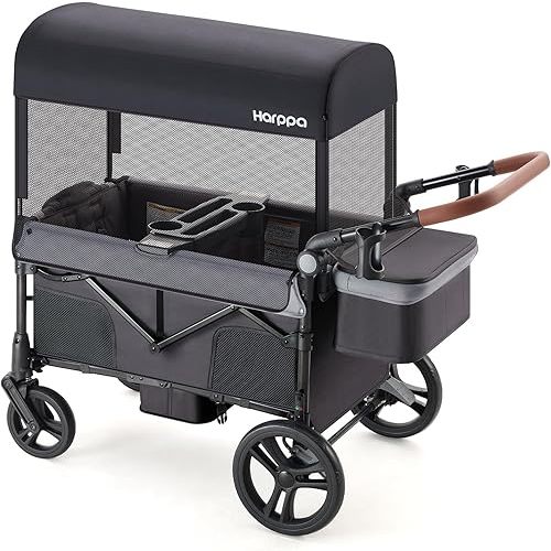 HARPPA Foldable Wagon for Kids, 2 Seater Stroller Wagon with Seats, One-Button Fold, UPF50+ Canopy & Mosquito Net, All-Terrain Wheels, Adjustable Handle, Easy to Store Dark Gery